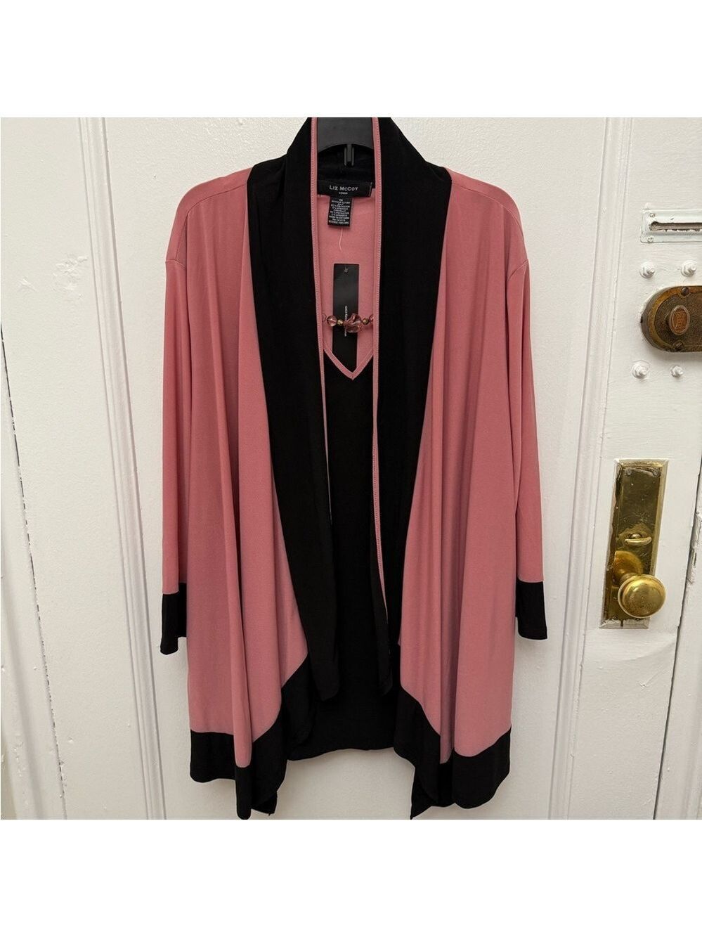 Liz McCoy Pink and Black Cardigan Style Blouse With Beads Size 1X New